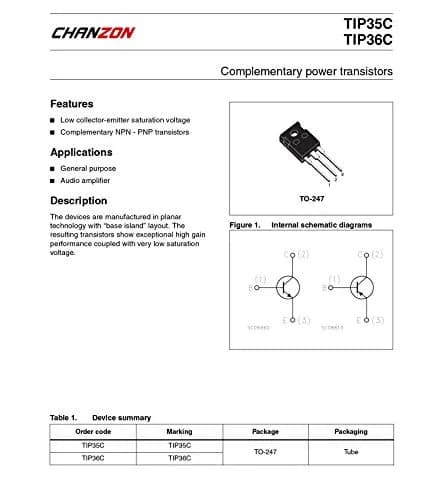CHANZON TIP36C PNP Power BJT Bipolar Junction Transistor | High Gain, TO-247, 100V, 25A thumbnail 5