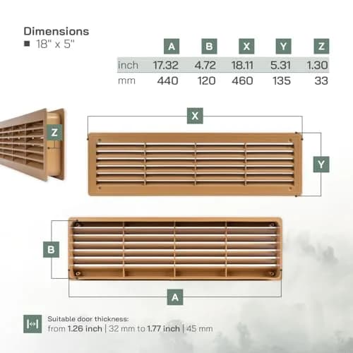 Vent Systems 18" x 5" Plastic Wood Color Door Air Vent Cover | 46cm x 13.5cm Louvered Register Grille for Interior Doors thumbnail 2