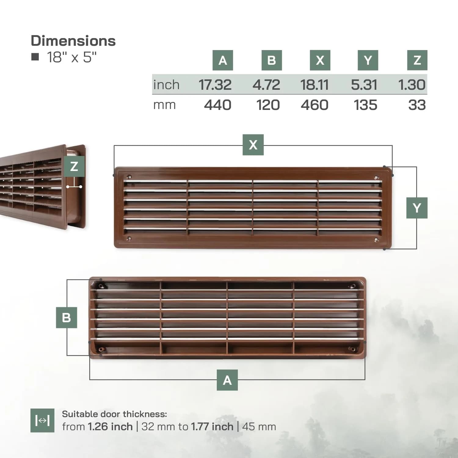 Vent Systems 18" x 5" Dark Brown Plastic Door Air Vent Cover | Louvered Ventilation Grill for Home, Cabinet, Furniture, Bathroom, Garage - view 2