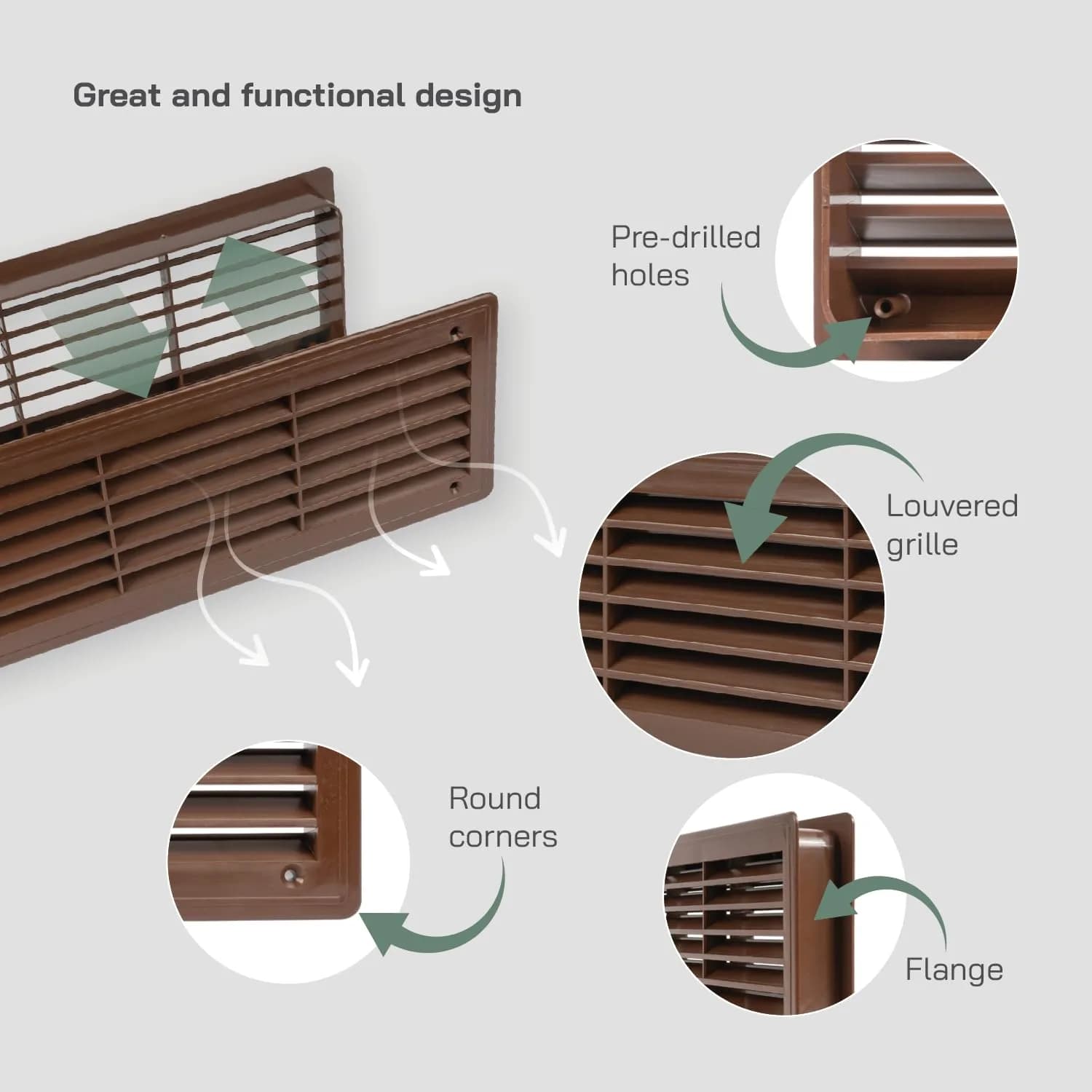 Vent Systems 18" x 5" Dark Brown Plastic Door Air Vent Cover | Louvered Ventilation Grill for Home, Cabinet, Furniture, Bathroom, Garage - view 3
