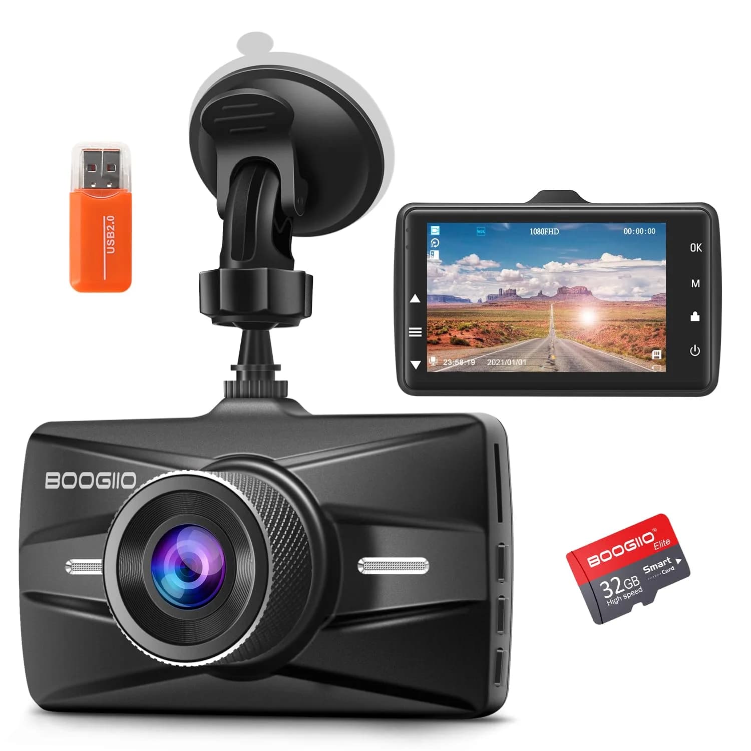 BOOGIIO 1080P Dash Cam with 32GB SD Card, 3-inch IPS Screen, 170° Wide Angle, Aluminum Alloy Case | Night Vision, WDR, Parking Monitor