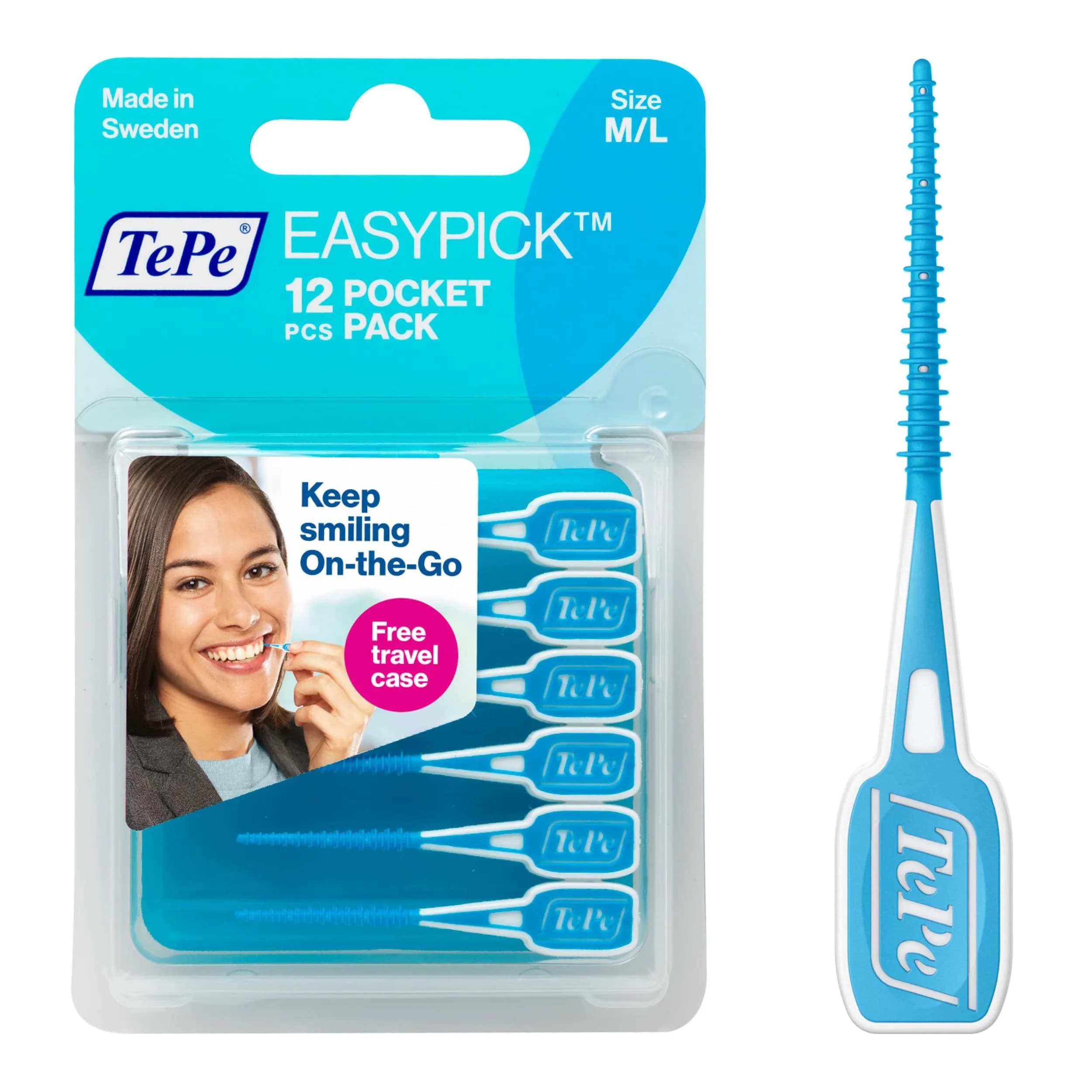 TePe EasyPicks Dental Floss Picks M/L, Blue, 12 Count | Silicone Coated for Gentle Plaque Removal - main product image