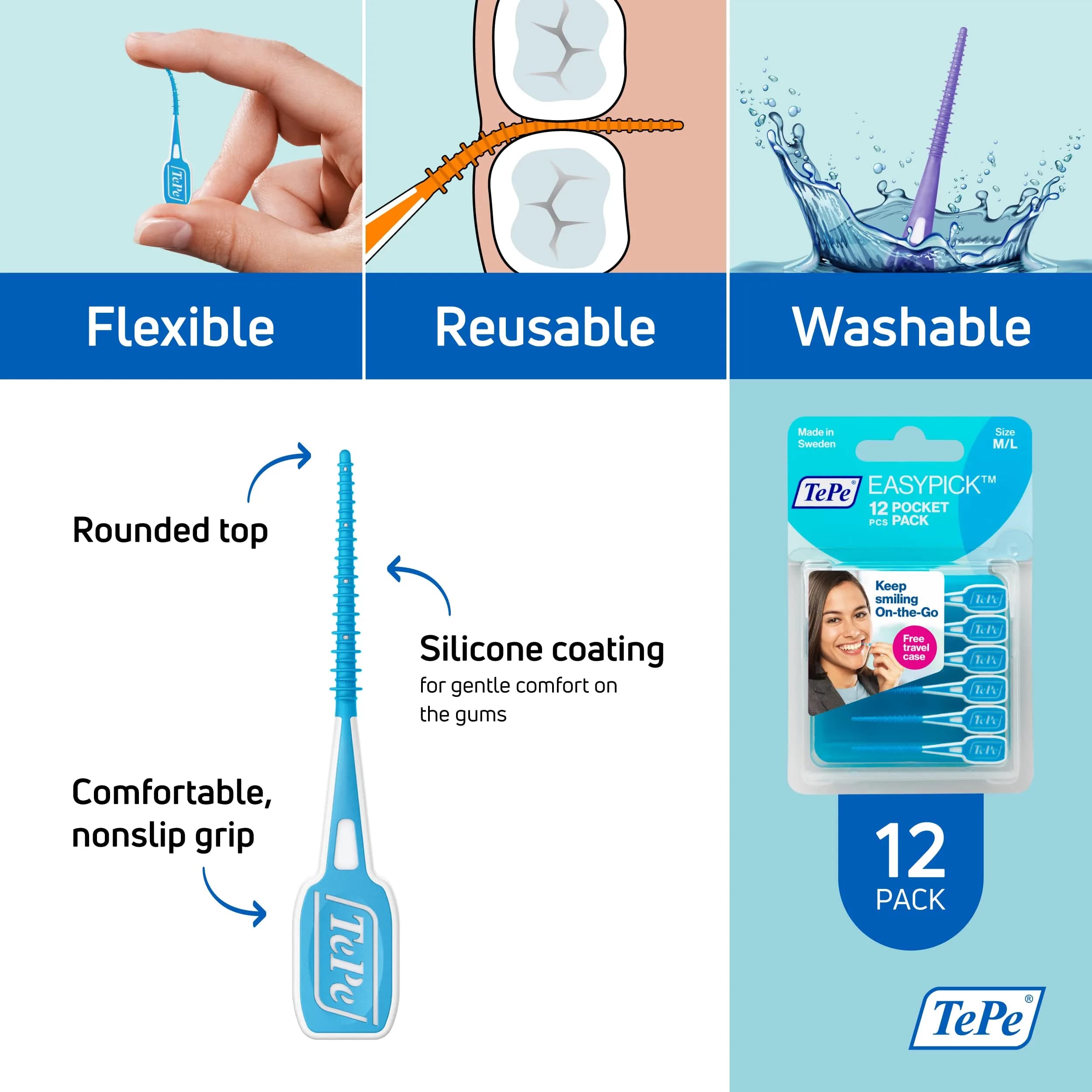 TePe EasyPicks Dental Floss Picks M/L, Blue, 12 Count | Silicone Coated for Gentle Plaque Removal - view 5