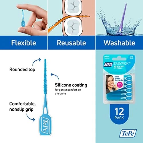 TePe EasyPicks Dental Floss Picks M/L, Blue, 12 Count | Silicone Coated for Gentle Plaque Removal thumbnail 5