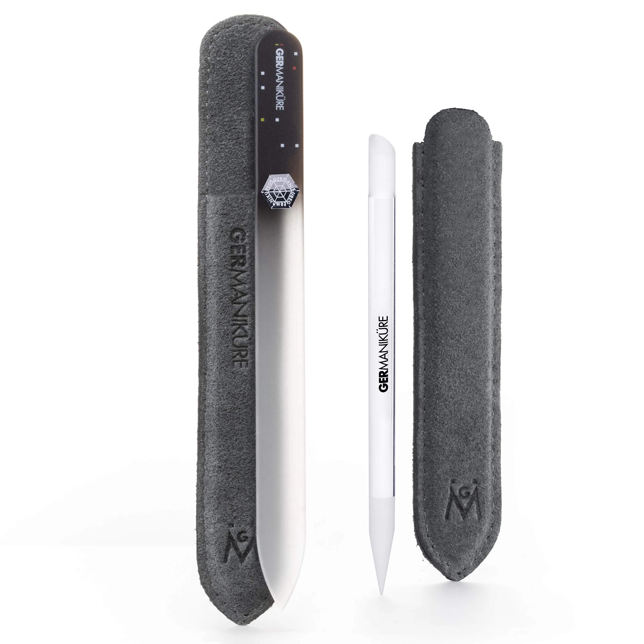GERmanikure Glass Nail File & Cuticle Pusher Duo, Black | Handcrafted Czech Glass for Natural Nails