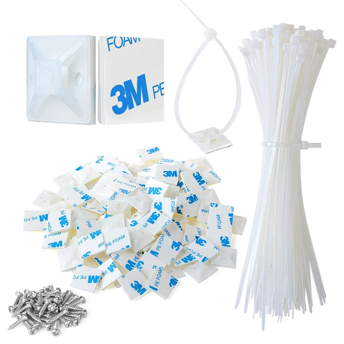 XHF White 200-Piece Cable Tie Mounts with 8" Ties & Screws | Strong Adhesive for Cable Management