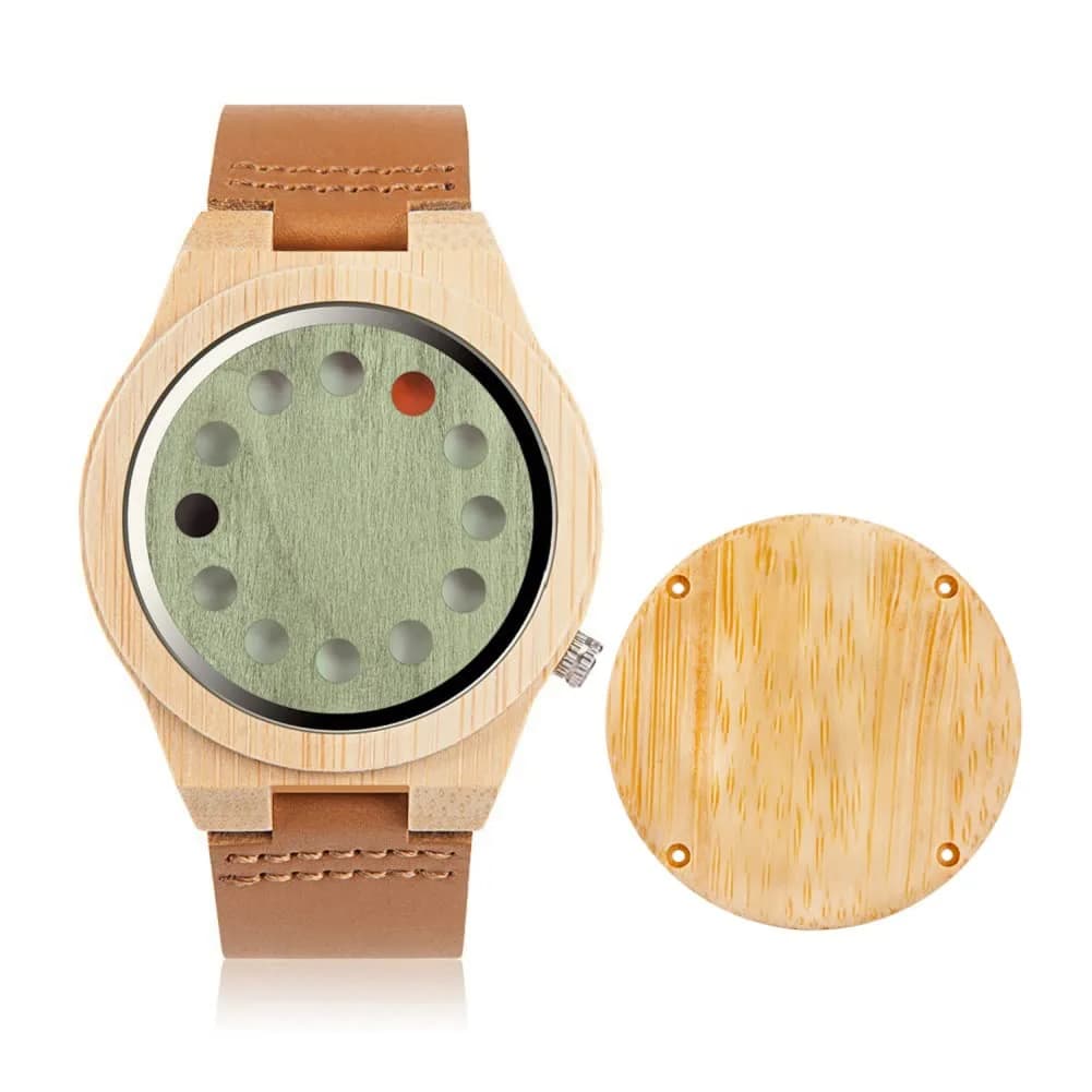 BOBO BIRD Men's Bamboo Wooden Watch with Black Cowhide Leather Strap 12 Holes Timer Design Sports Casual Watches (Brown Cat-Eye) — Customized