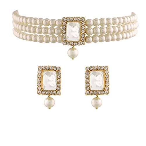 I Jewels Traditional Indian Bride Stone Pearl Choker Necklace & Earring Set | 26 cm Necklace Length thumbnail 1