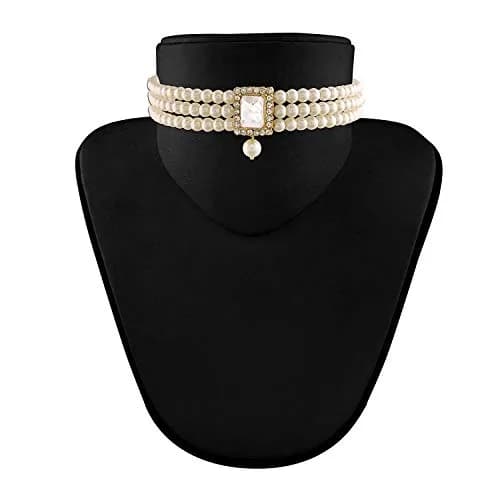 I Jewels Traditional Indian Bride Stone Pearl Choker Necklace & Earring Set | 26 cm Necklace Length thumbnail 5