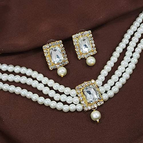 I Jewels Traditional Indian Bride Stone Pearl Choker Necklace & Earring Set | 26 cm Necklace Length thumbnail 2