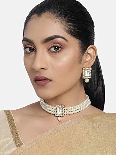 I Jewels Traditional Indian Bride Stone Pearl Choker Necklace & Earring Set | 26 cm Necklace Length thumbnail 3