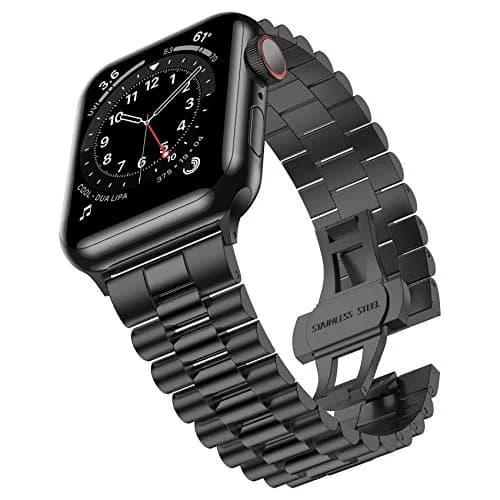 baozai Stainless Steel Watch Band for Apple Watch Ultra 49mm, Series 1-11, SE 42-45mm | Classic 3-Row Design with Butterfly Clasp thumbnail 1