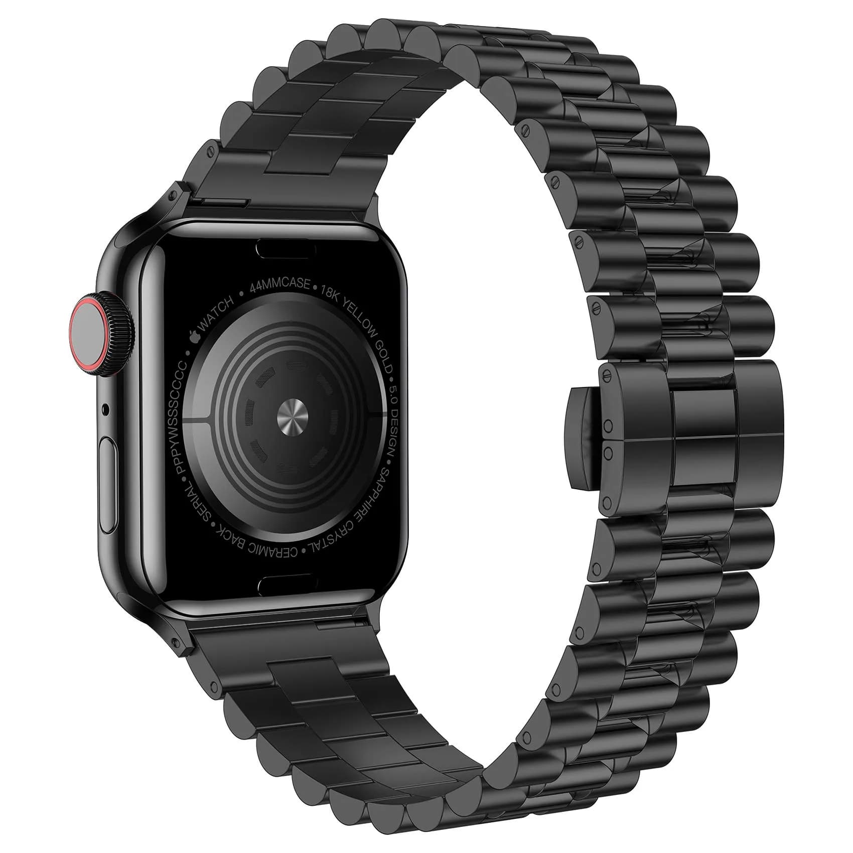 baozai Stainless Steel Watch Band for Apple Watch Ultra 49mm, Series 1-11, SE 42-45mm | Classic 3-Row Design with Butterfly Clasp - view 2