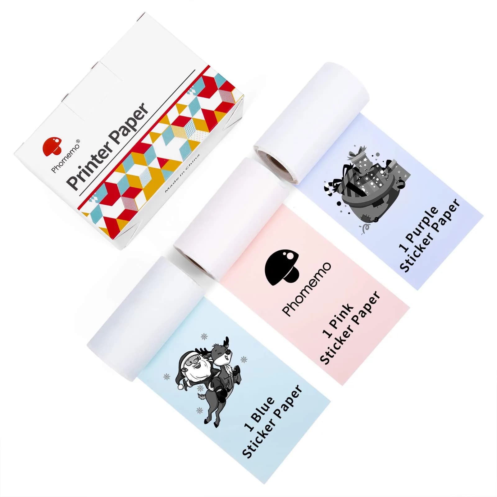 Phomemo M02/M02S/M02 Pro Paper 3 Rolls | Bright White Thermal Photo Paper for Portable Bluetooth Printer — Multicolor (Purple/Blue/Pink)