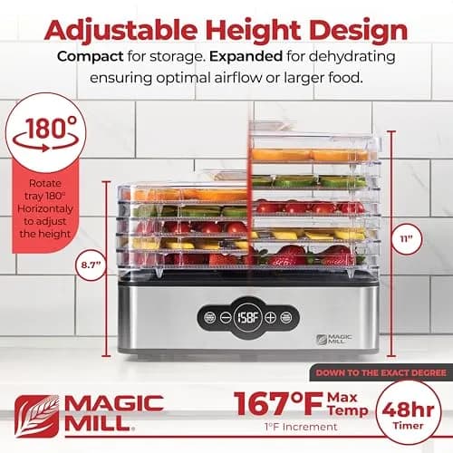 Magic Mill Food Dehydrator Machine | 5 Stackable Stainless Steel Trays, 48H Digital Timer & Temperature Control Up to 167°F thumbnail 3