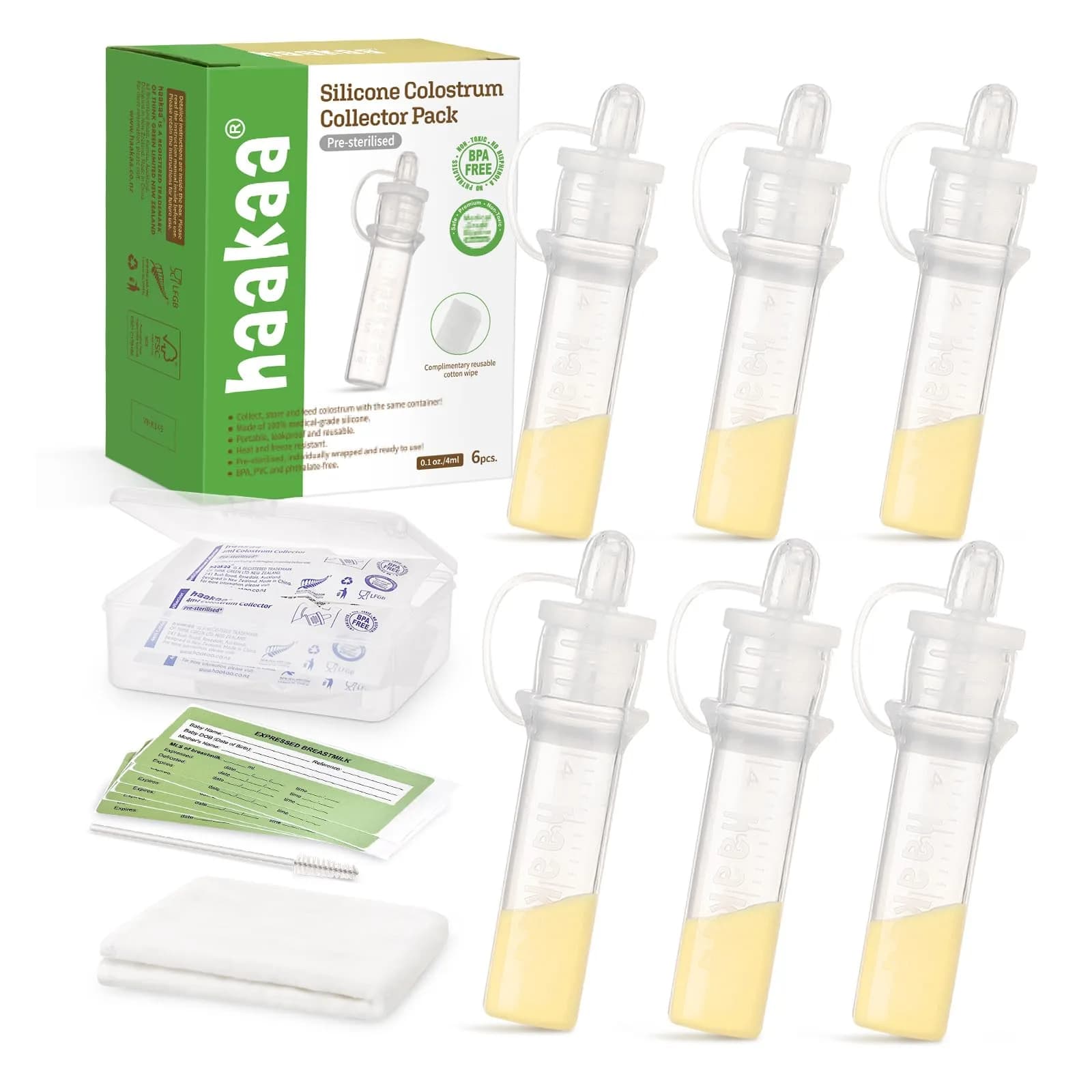 haakaa Colostrum Collector with Storage Case | 6 Pack, 4ml Silicone Breastfeeding Tool — 6-Pack