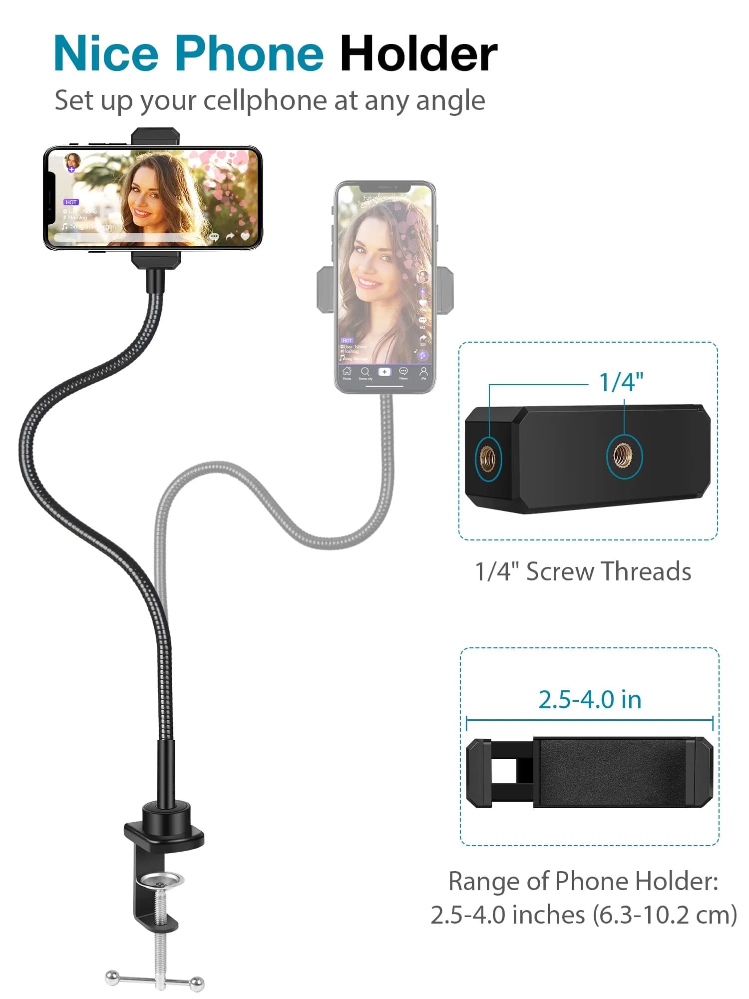 InnoGear 25-inch Gooseneck Webcam Stand with Phone Holder | Desk Mount for Logitech, NexiGo, and Smartphones - view 6