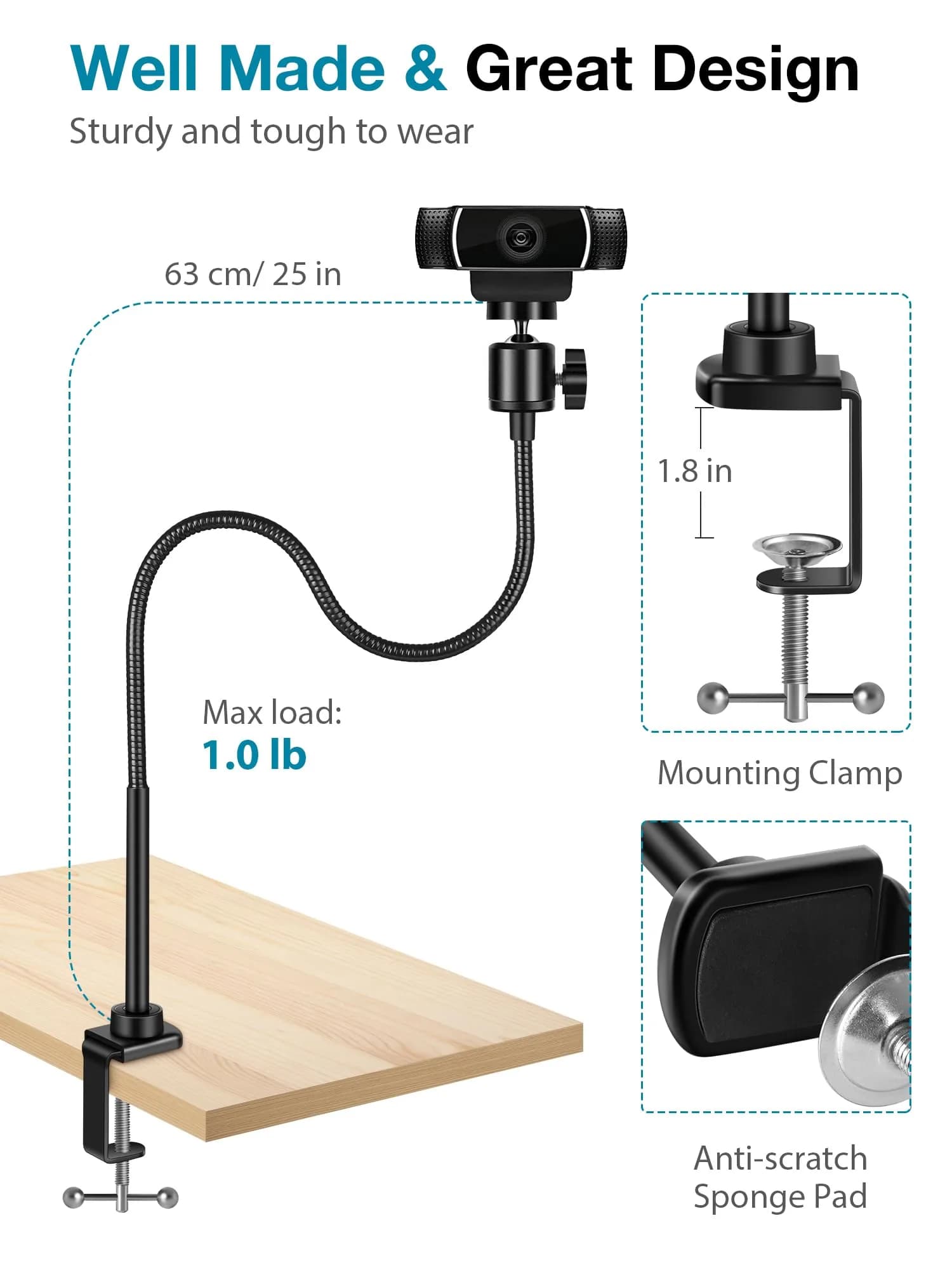 InnoGear 25-inch Gooseneck Webcam Stand with Phone Holder | Desk Mount for Logitech, NexiGo, and Smartphones - view 3