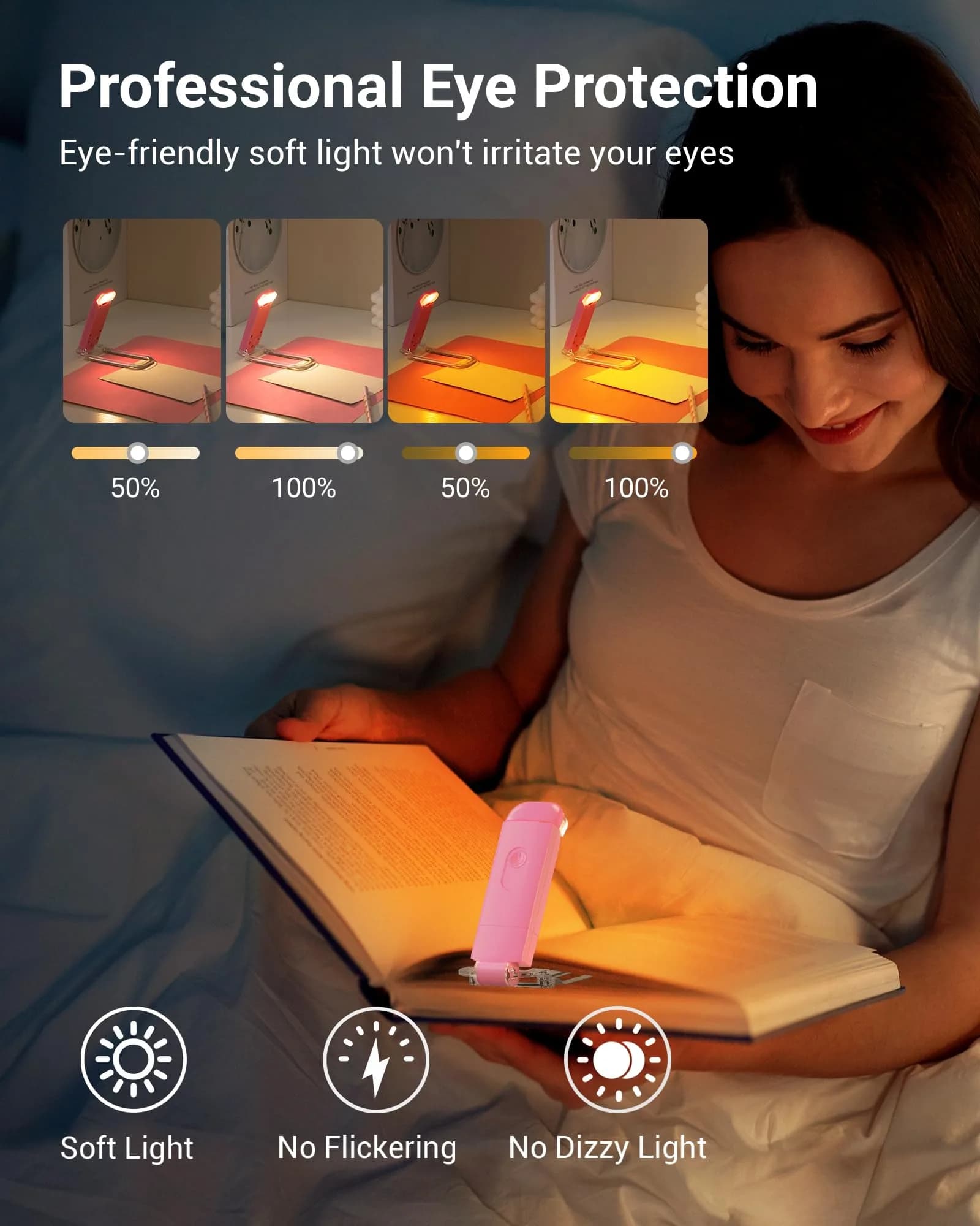 DEWENWILS Pink Clip-On Book Reading Light with USB Rechargeable Battery - view 2