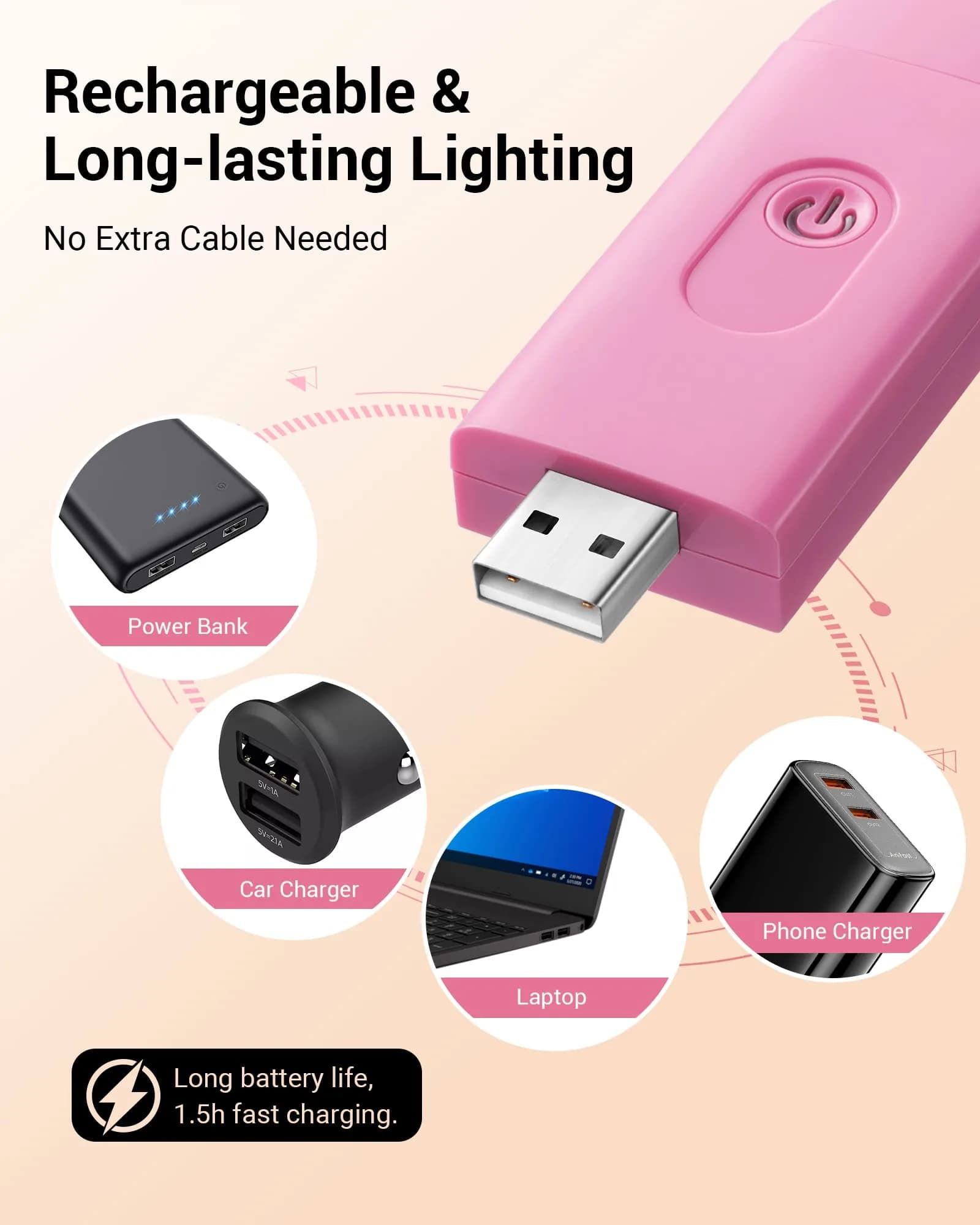 DEWENWILS Pink Clip-On Book Reading Light with USB Rechargeable Battery - view 3