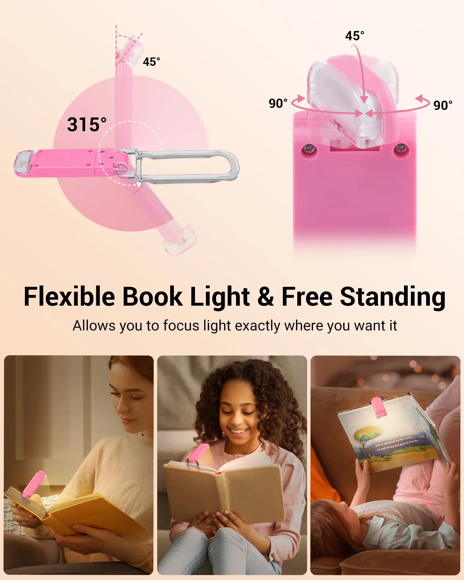 DEWENWILS Pink Clip-On Book Reading Light with USB Rechargeable Battery - view 4