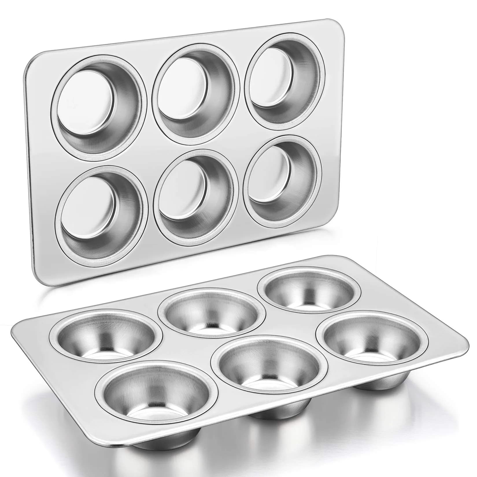 P&P CHEF 6-Cup Muffin Pan Tin, Stainless Steel Cupcake Pan, 2-Pack, 29.2cm x 18.7cm (11.4" L x 7" W)