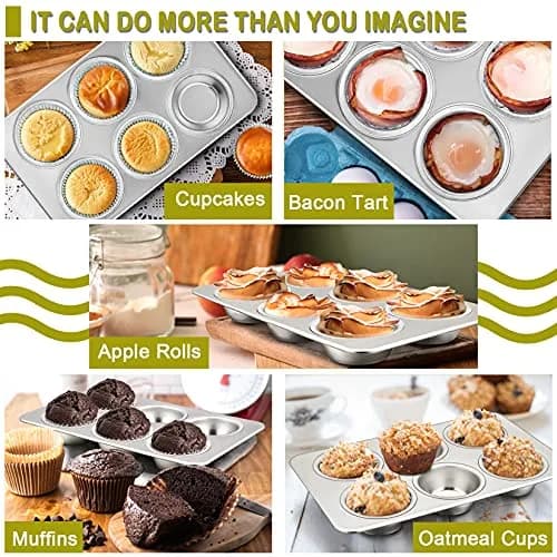 P&P CHEF 6-Cup Muffin Pan Tin, Stainless Steel Cupcake Pan, 2-Pack, 29.2cm x 18.7cm (11.4" L x 7" W) thumbnail 4
