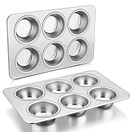 P&P CHEF 6-Cup Muffin Pan Tin, Stainless Steel Cupcake Pan, 2-Pack, 29.2cm x 18.7cm (11.4" L x 7" W) - main product image
