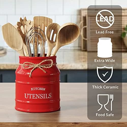 Barnyard Designs Ceramic Kitchen Utensil Holder Countertop 6.75″ (Red) | Rustic Farmhouse Decor thumbnail 3