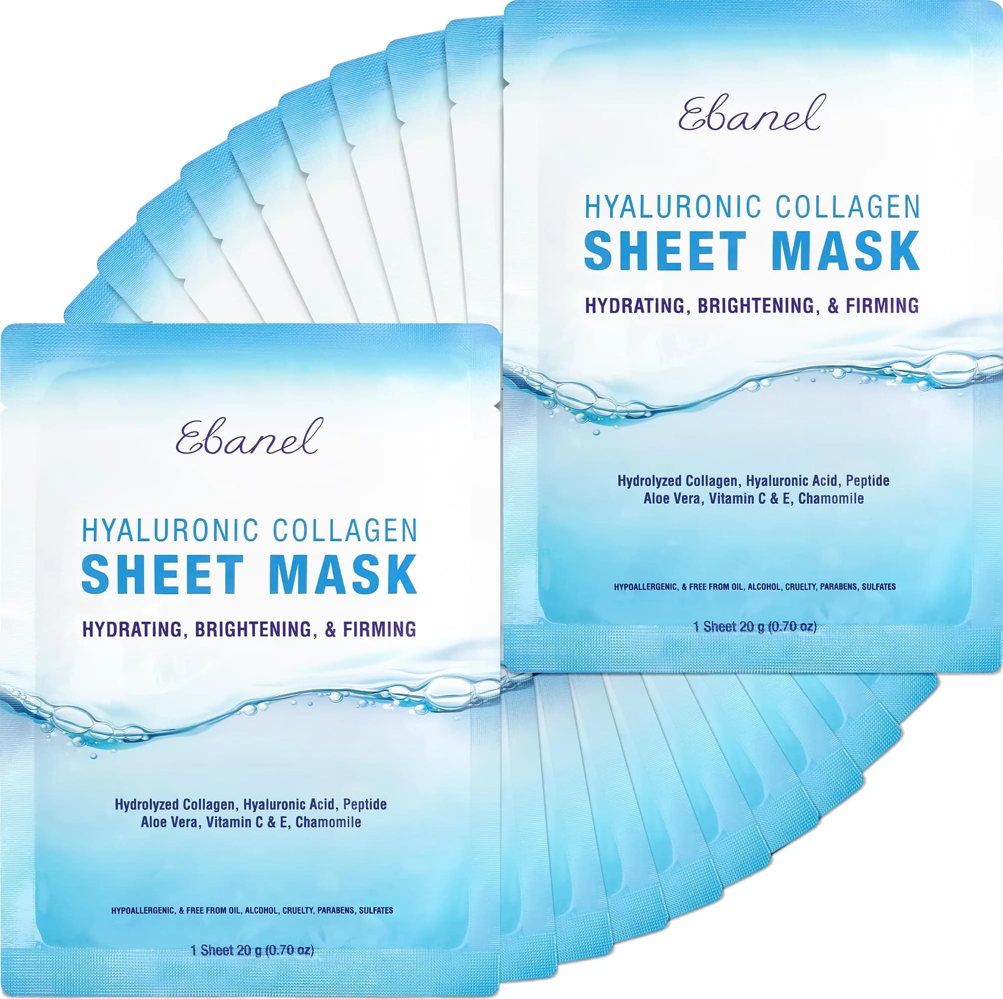 Ebanel Collagen Face Mask with Hyaluronic Acid, Vitamin C & Peptides | 20-Pack Hydrating Sheet Masks — White