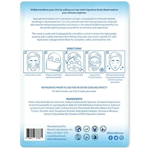 Ebanel Collagen Face Mask with Hyaluronic Acid, Vitamin C & Peptides | 20-Pack Hydrating Sheet Masks thumbnail 8
