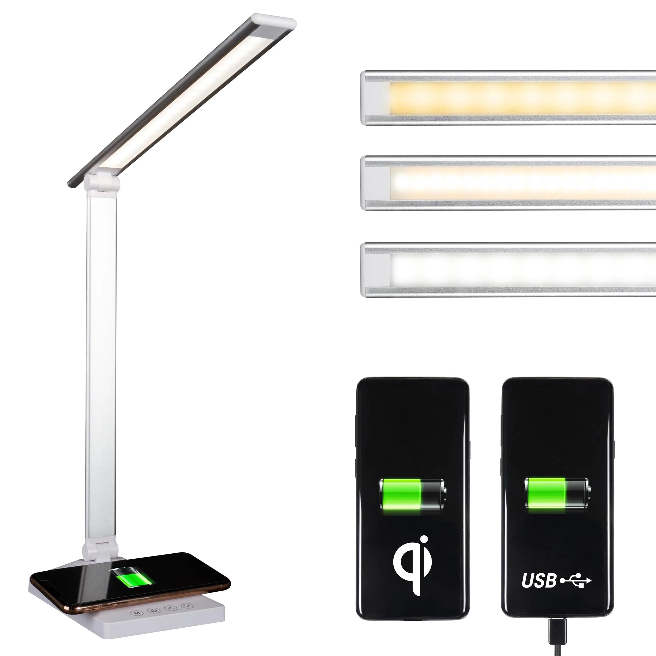 OttLite Entice LED Desk Lamp with Wireless Charging, White and Silver | Adjustable Foldable Arm & ClearSun LED