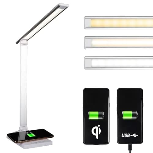 OttLite Entice LED Desk Lamp with Wireless Charging, White and Silver | Adjustable Foldable Arm & ClearSun LED thumbnail 1