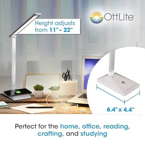 OttLite Entice LED Desk Lamp with Wireless Charging, White and Silver | Adjustable Foldable Arm & ClearSun LED thumbnail 5