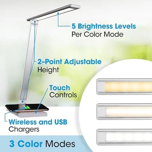 OttLite Entice LED Desk Lamp with Wireless Charging, White and Silver | Adjustable Foldable Arm & ClearSun LED thumbnail 2