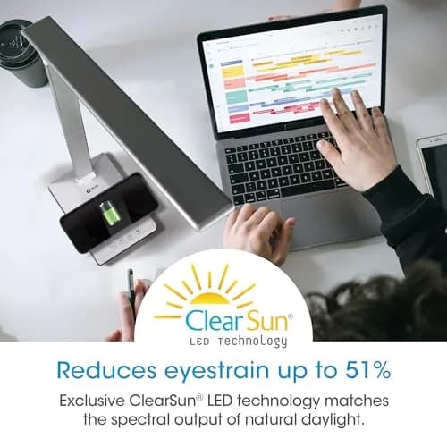 OttLite Entice LED Desk Lamp with Wireless Charging, White and Silver | Adjustable Foldable Arm & ClearSun LED thumbnail 3