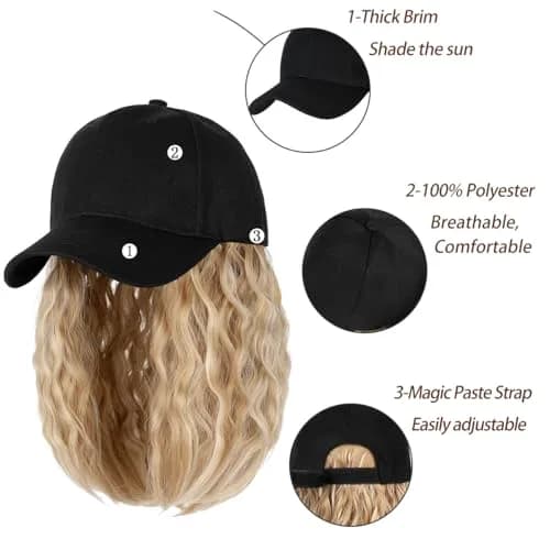 Qlenkay Baseball Cap with Bob Wig Hat 14in Baby Blonde Mix Bleach Blonde | Adjustable Synthetic Hair Cap thumbnail 5