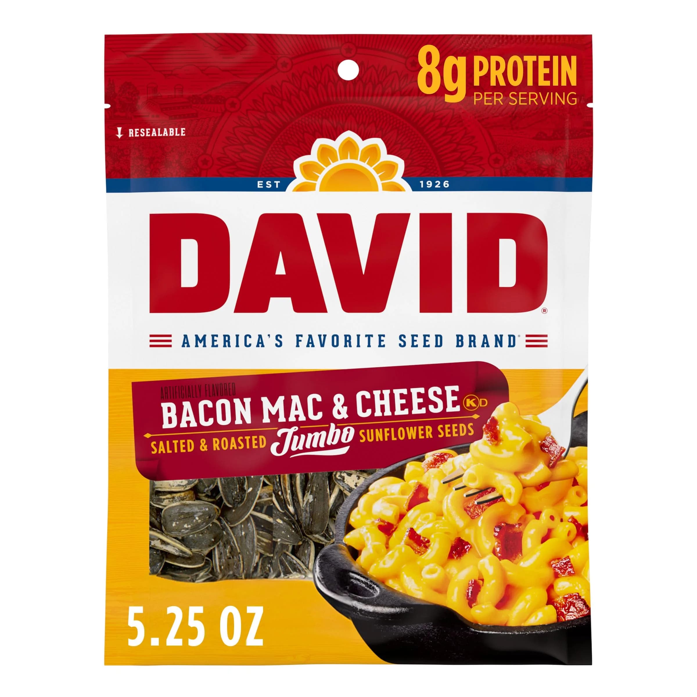 David Jumbo Sunflower Seeds Bacon Mac and Cheese Flavor 5.25 oz | Gluten-Free, Keto Friendly