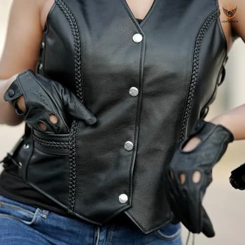 Leatherick Women Top Grain Buffalo Leather Motorcycle Vest | Durable & Stylish (70-120 chars) thumbnail 2