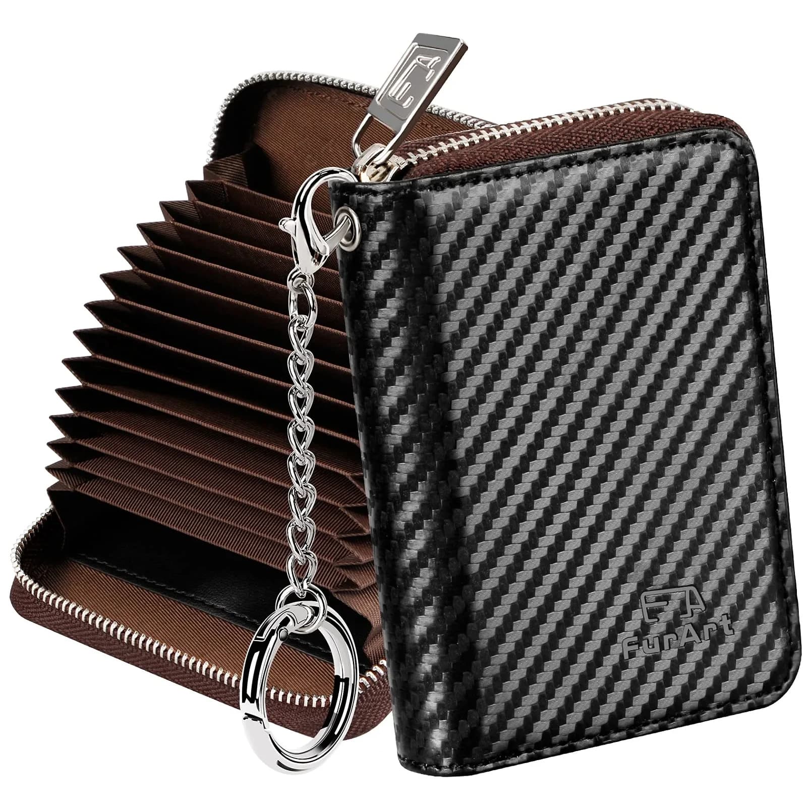 FurArt RFID Blocking Zipper Wallet Carbon Fiber Black | Compact Card Holder with Keychain