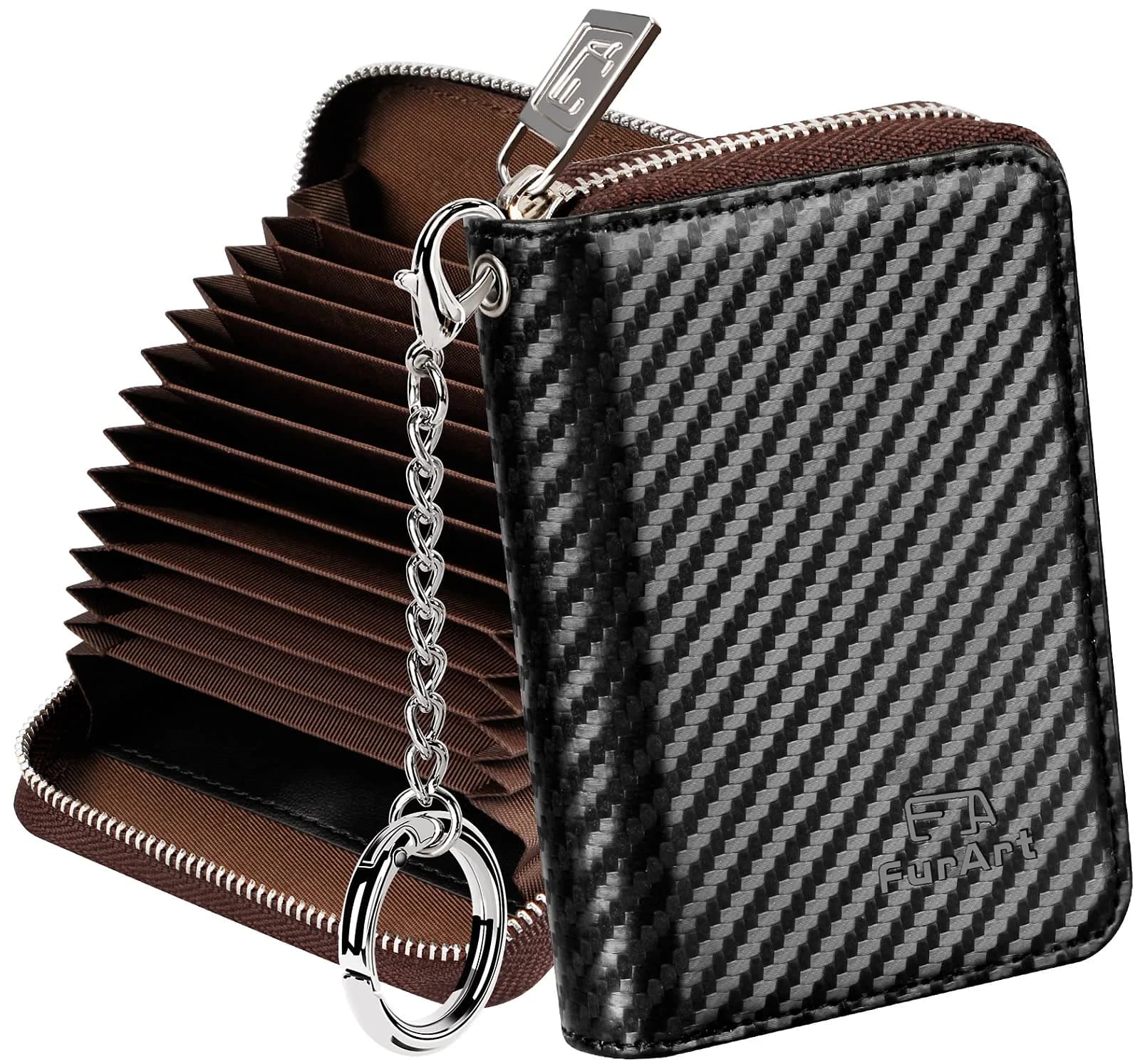 FurArt RFID Blocking Zipper Wallet Carbon Fiber Black | Compact Card Holder with Keychain - main product image