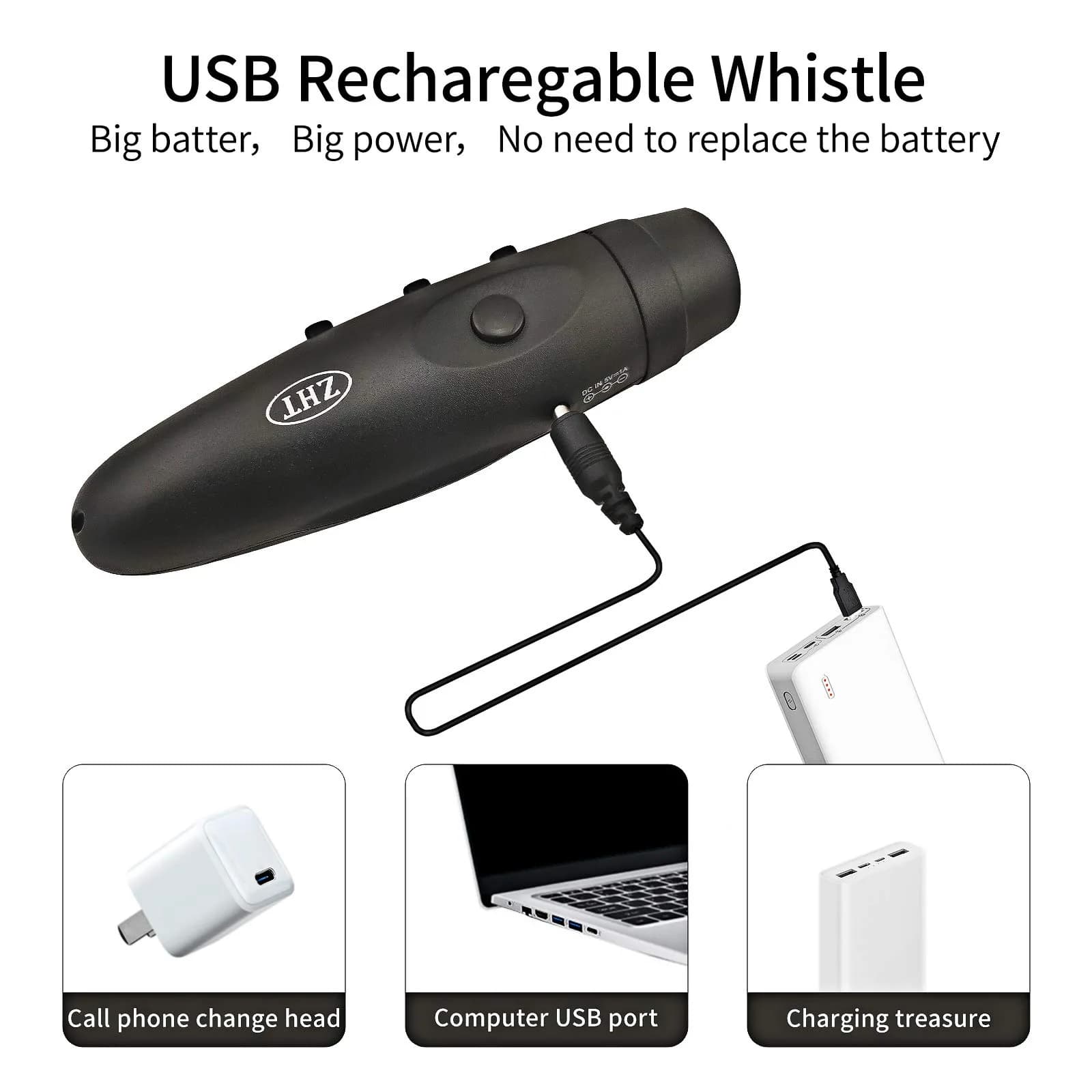 ZHT Electronic Whistle with USB Charging, 3-Tone 120dB Loud, Black | Referee & Coach Handheld - view 3