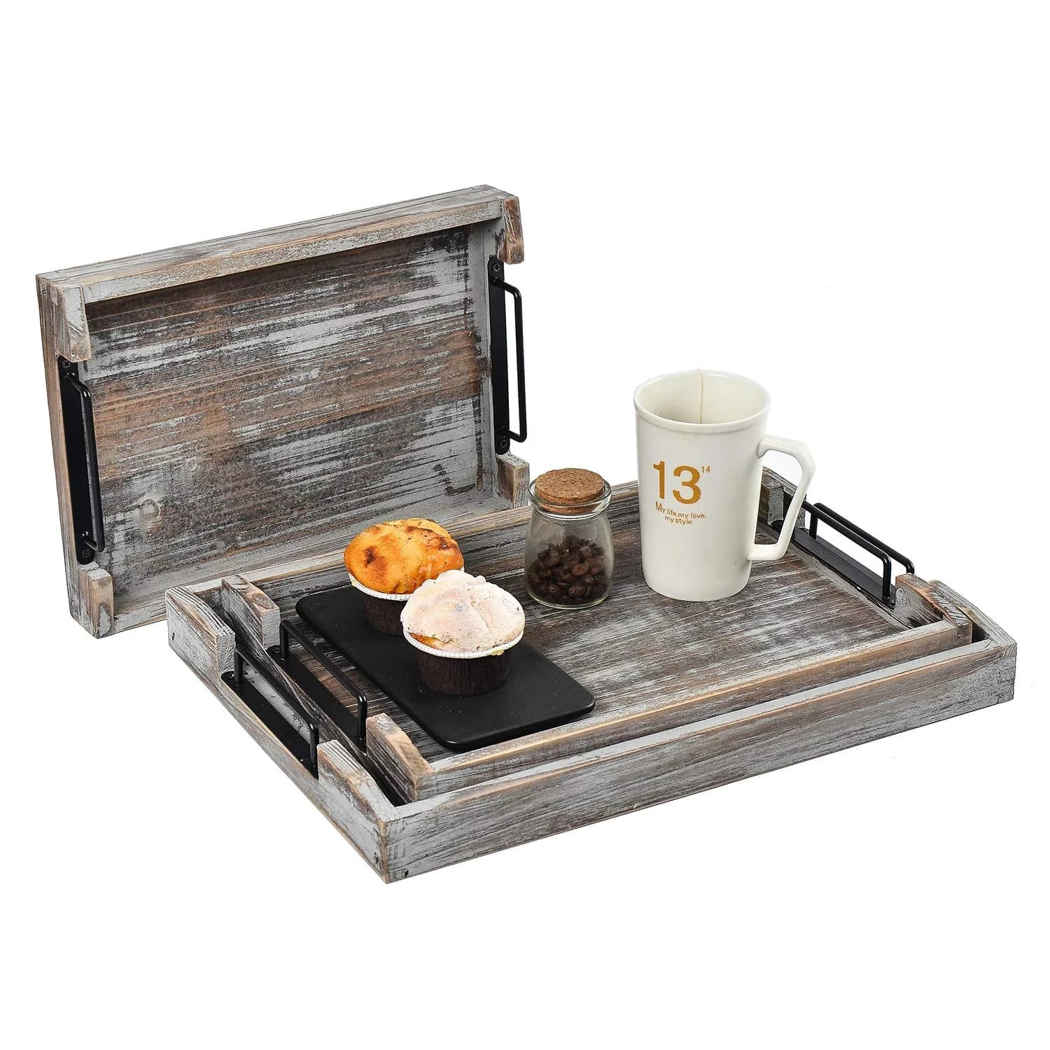 VERGOODR Torched Wood Nesting Serving Trays with Handles, Set of 3 | Rustic Farmhouse Style - main product image