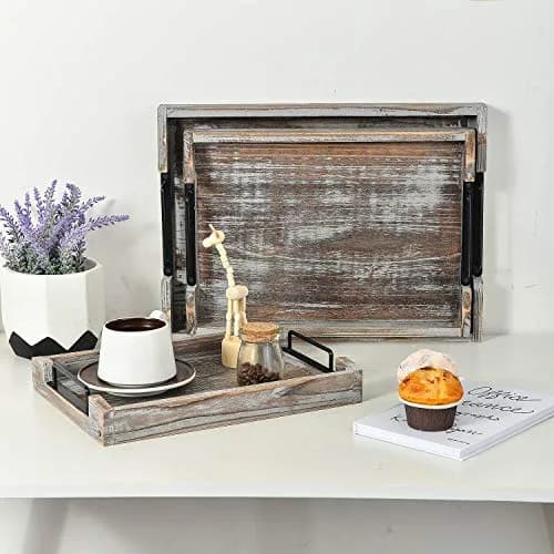 VERGOODR Torched Wood Nesting Serving Trays with Handles, Set of 3 | Rustic Farmhouse Style thumbnail 4