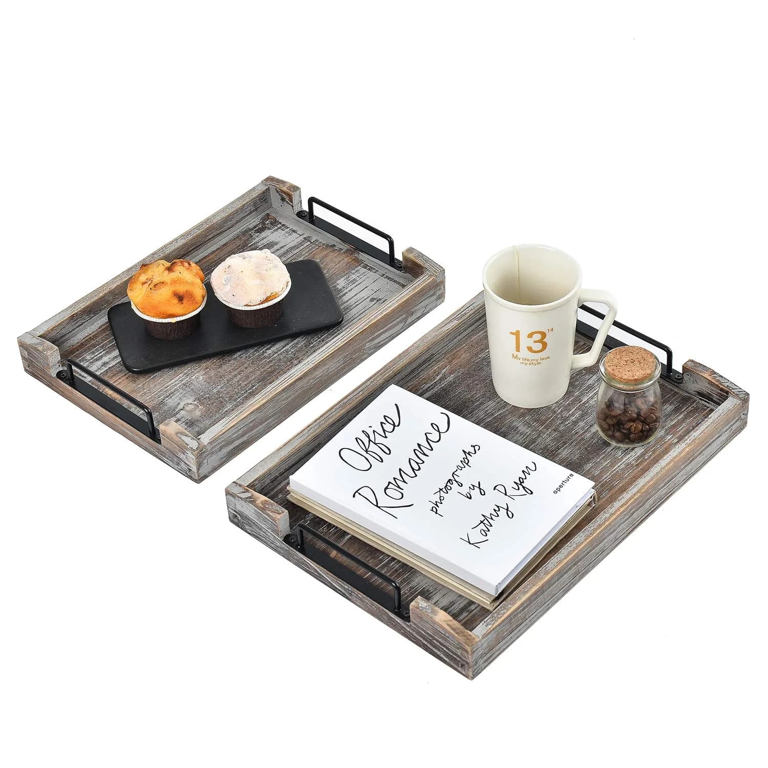 VERGOODR Torched Wood Nesting Serving Trays with Handles, Set of 3 | Rustic Farmhouse Style - view 6