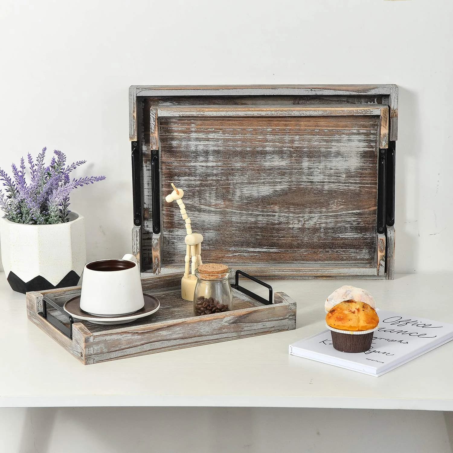 VERGOODR Torched Wood Nesting Serving Trays with Handles, Set of 3 | Rustic Farmhouse Style - view 4