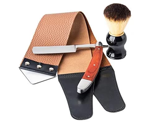 YU&CH Straight Razor Shaving Kit with Leather Strop & Brush for Men | Classic Barber Style Wet Shave thumbnail 1