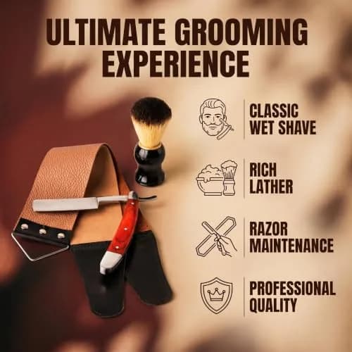 YU&CH Straight Razor Shaving Kit with Leather Strop & Brush for Men | Classic Barber Style Wet Shave thumbnail 3