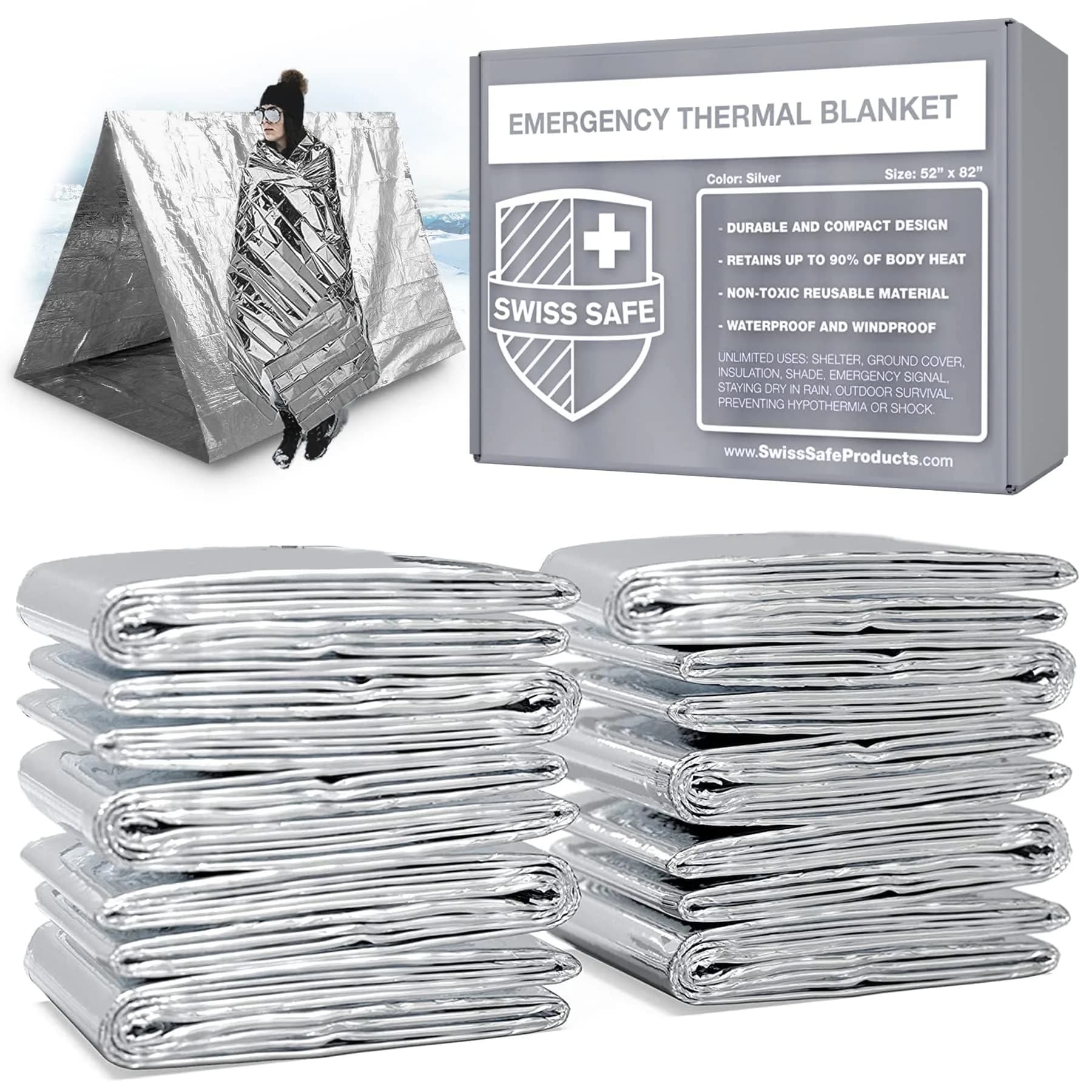 Swiss Safe Emergency Blanket for Camping, Car, First Aid, Survival, 10 Pack | Reflects & Retains 90% Heat