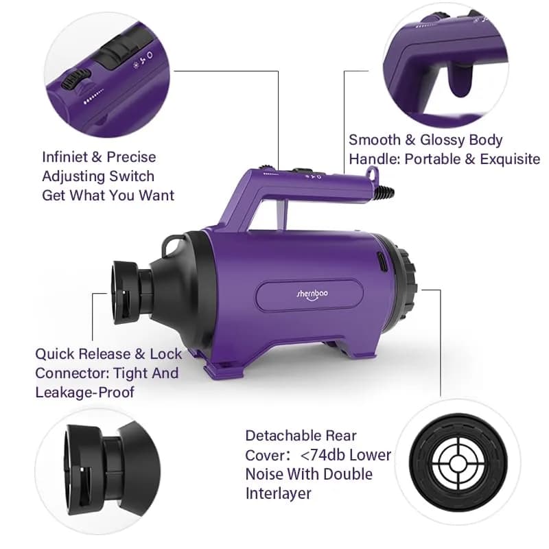 Shernbao High Velocity Dog Dryer Purple SMD-06P | 2200W 110V 2-Speed 2-Temp Pet Grooming Blower thumbnail 5